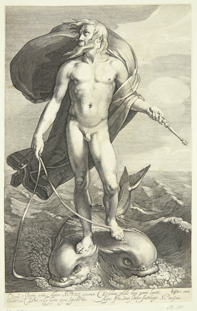 Neptunus rijdend op twee dolfijnen door Willem van Swanenburgh