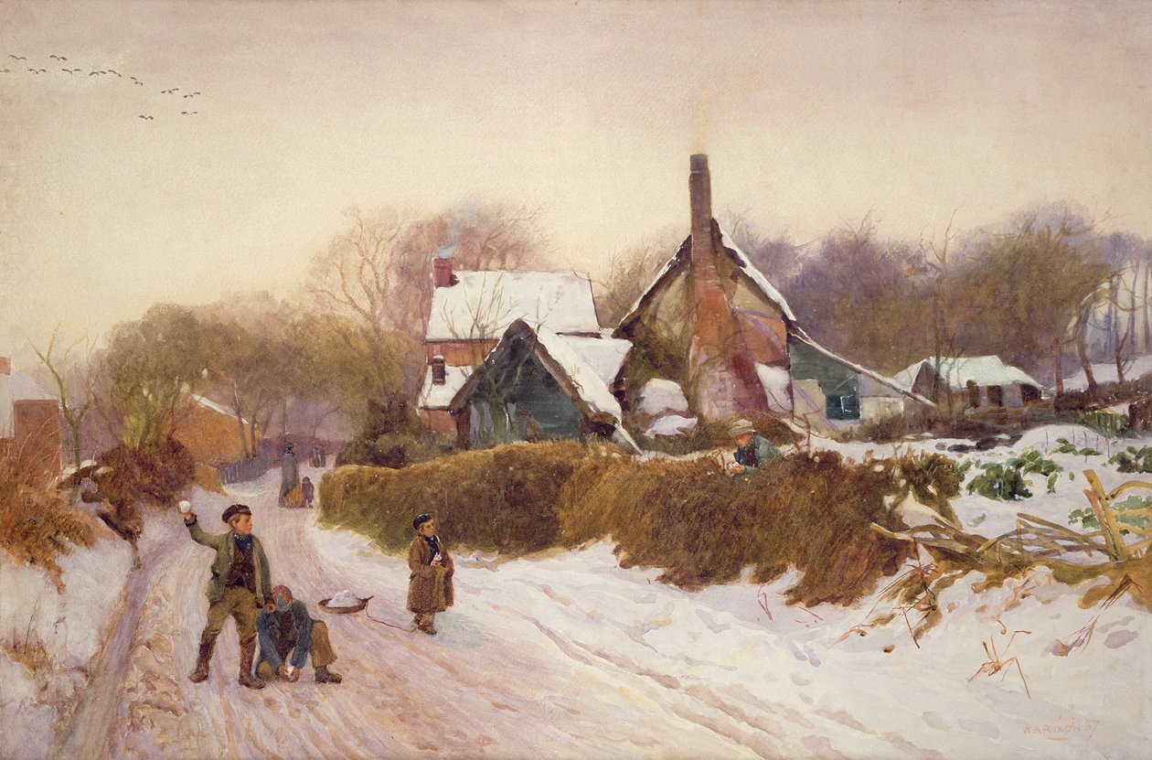 Jongens sneeuwballen bij Cookham Dean door William Augustus Rixon
