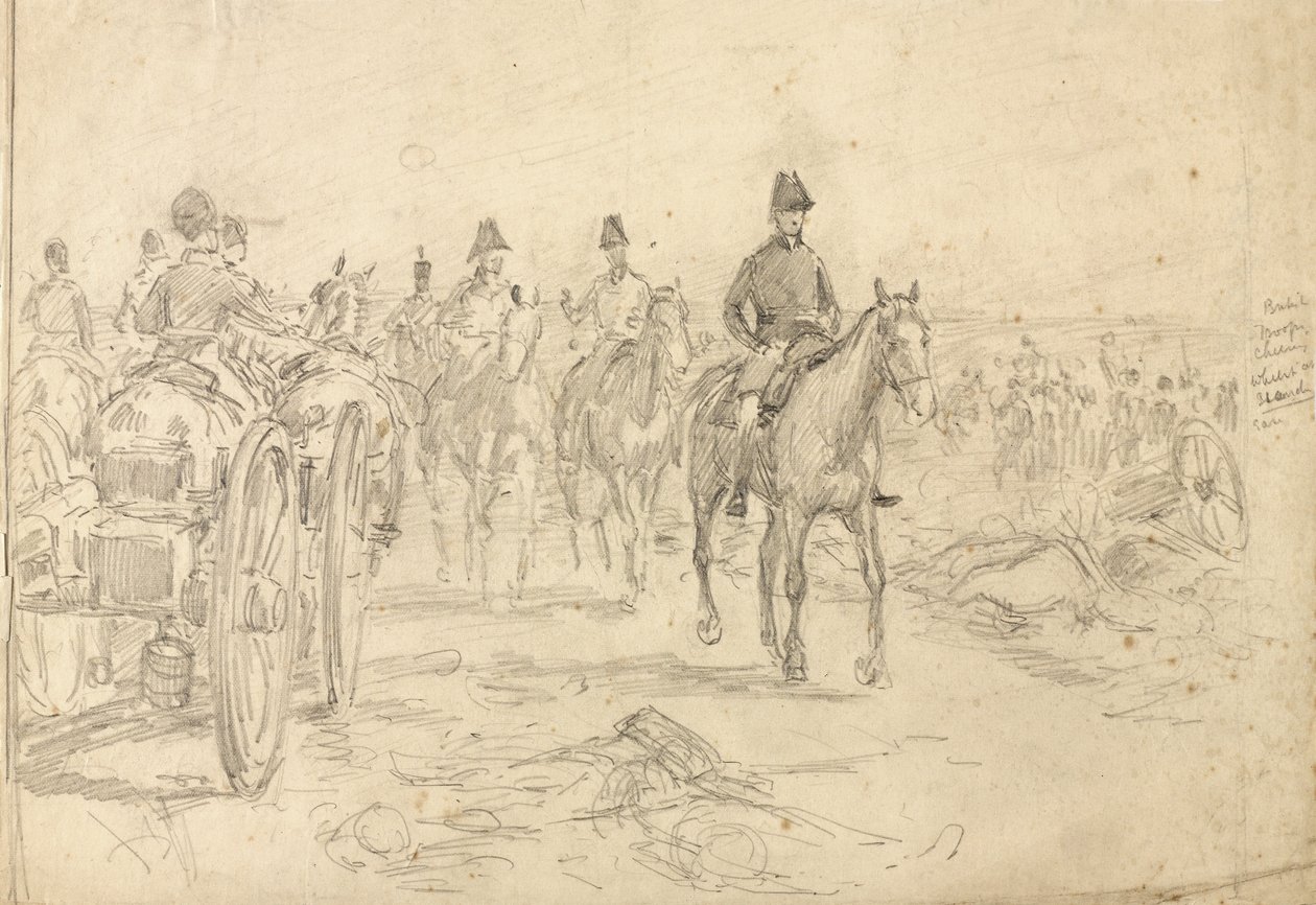 Britse troepen juichen terwijl ze op hun gemak staan, 1815, ca. 1890 door William Barnes Wollen