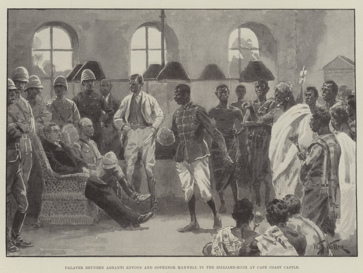 Palaver tussen Ashanti Gezanten en Gouverneur Maxwell in de Biljartkamer van Cape Coast Castle door William Barnes Wollen