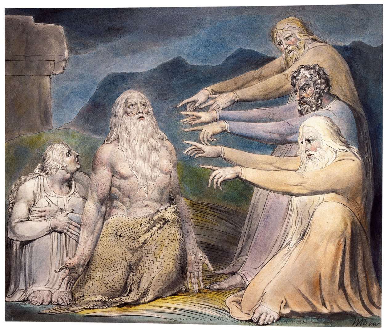 Job berispt door zijn vrienden door William Blake