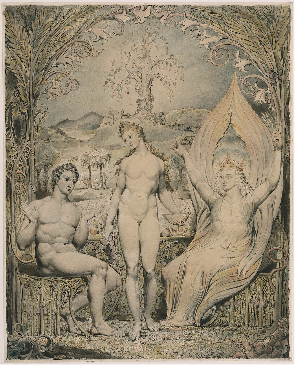 De aartsengel Rafaël met Adam en Eva (Illustratie bij Miltons Paradise Lost) door William Blake