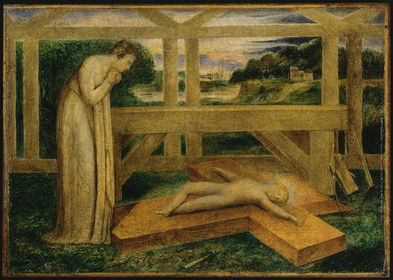 Het Christuskind slapend op een kruis door William Blake