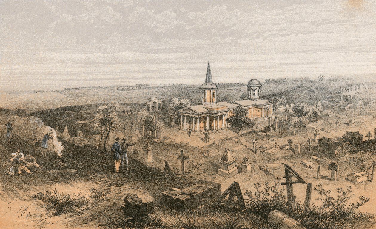 Quarantainebegraafplaats en kerk met Franse batterij nr. 50 door William Crimea Simpson