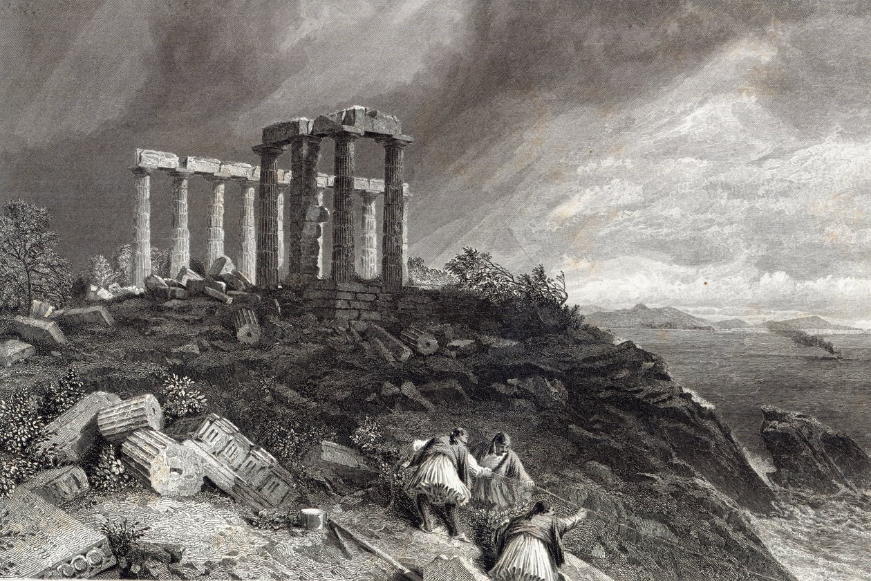 Tempel van Minerva Sunium, gegraveerd door J. Saddler door William Crimea Simpson