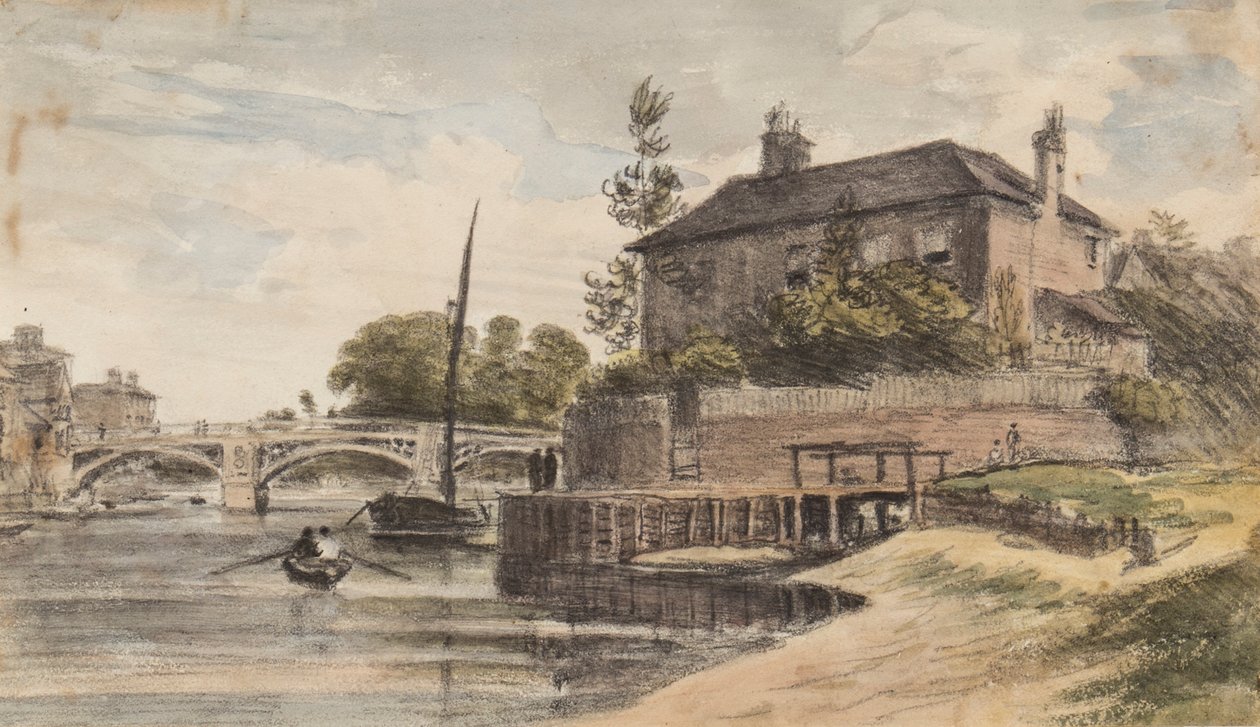 Berkshire: Windsor Bridge vanaf de weide naar Clewer, het huis van Mr. Collins, Young Cramer en Blagsom in de boot, 18 juli 1832 door William Crotch