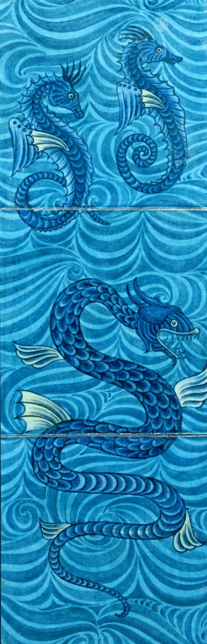 Tegels met zeepaardjes en een zeeslang door William de Morgan