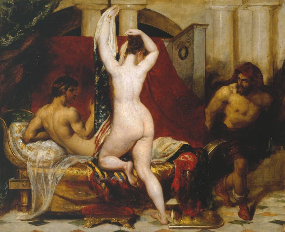 Candaules, koning van Lydië, toont zijn vrouw stiekem aan Gyges, een van zijn ministers, terwijl hij naar bed gaat. Deze afbeelding illustreert de versie van Herodotus van het verhaal van Gyges. door William Etty