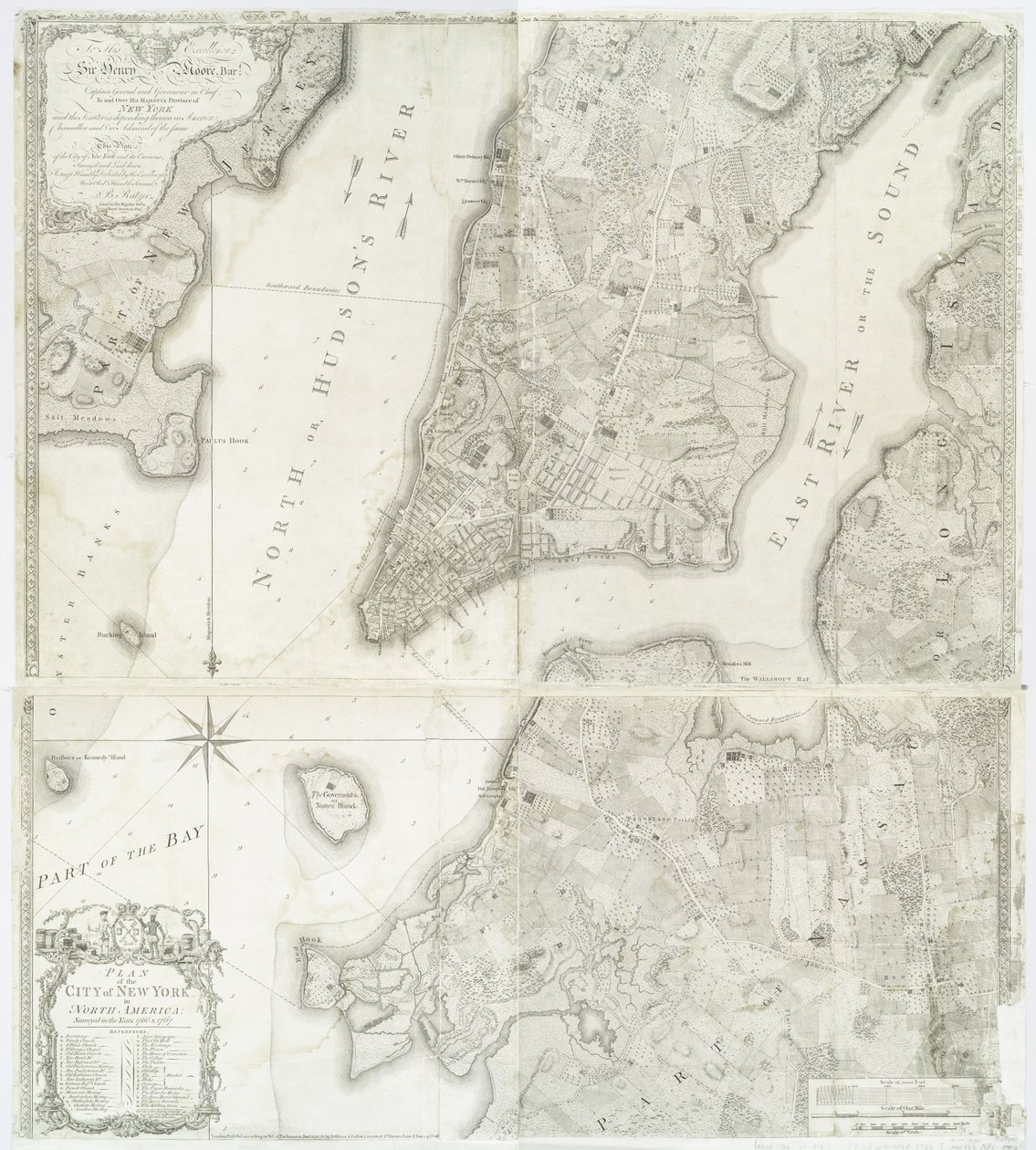 Plan van de stad New York in Noord-Amerika onderzocht in de jaren 1766 en 1767 gepubliceerd in Faden