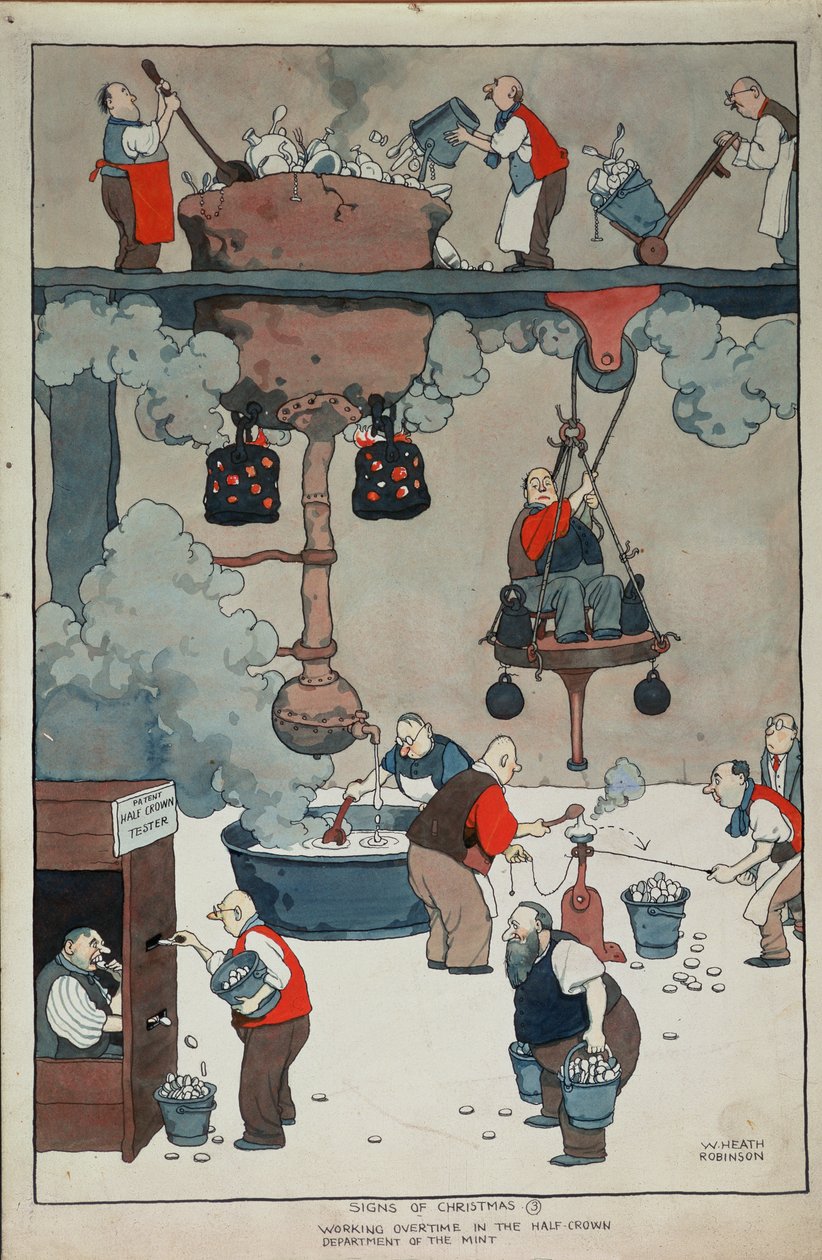 Tekenen van Kerstmis. Overwerken in de Halfkroonafdeling van de Munt door William Heath Robinson