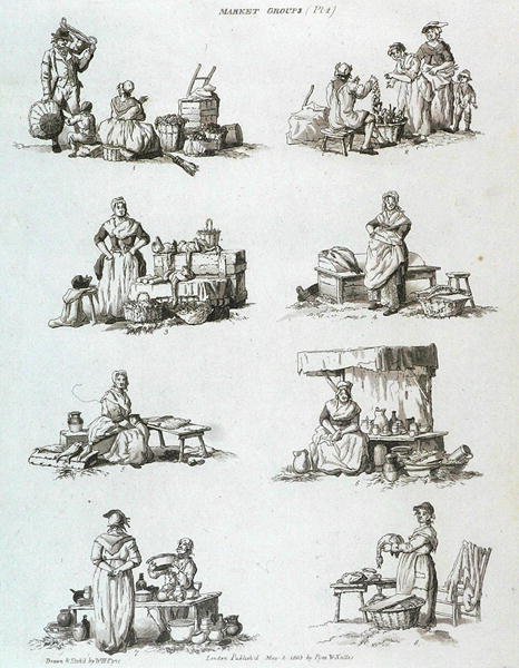 Marktgroepen, uit Microcosm, Vol.II, gegraveerd door J. Hill, c.1806 door William Henry after Pyne