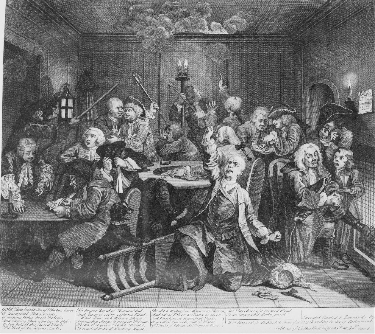 Een Rakes Progress, Plaat 6, Scène in een Speelhuis door William Hogarth