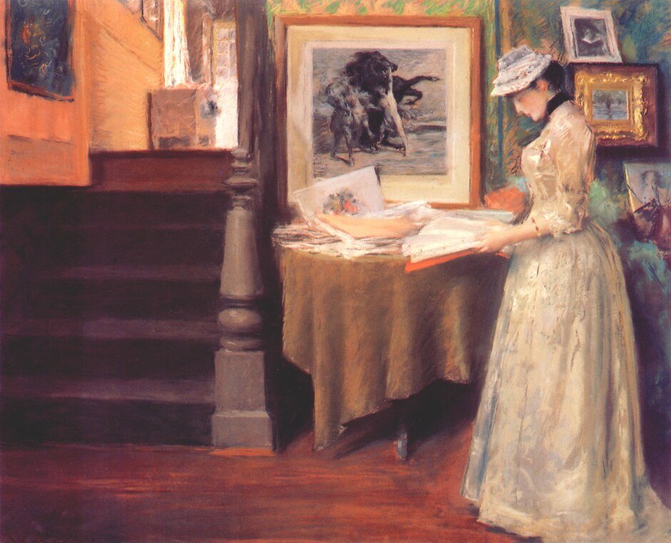 Interieur, Jonge Vrouw aan een Tafel door William Merritt Chase