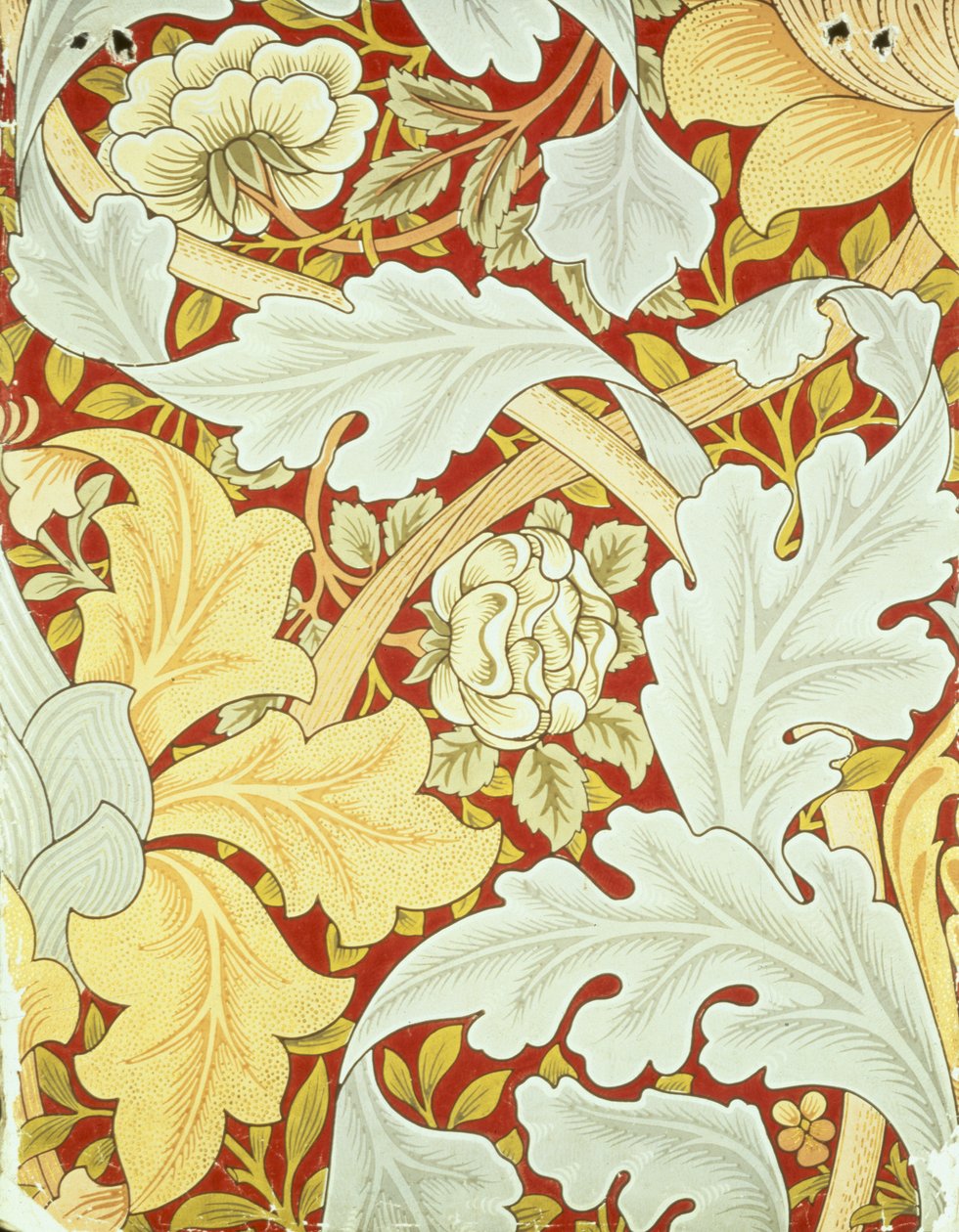 Behang met acanthusbladeren en wilde rozen op een karmozijnrode achtergrond ontworpen door William Morris (1834-96) door William Morris