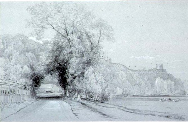 Weg langs weiden en een kasteel door William Roxby Beverly