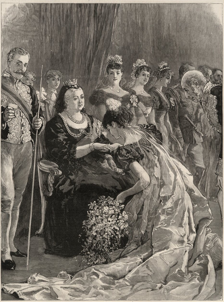 Salon in Buckingham Palace: Debutante kust de hand van Koningin Victoria. door William Smali