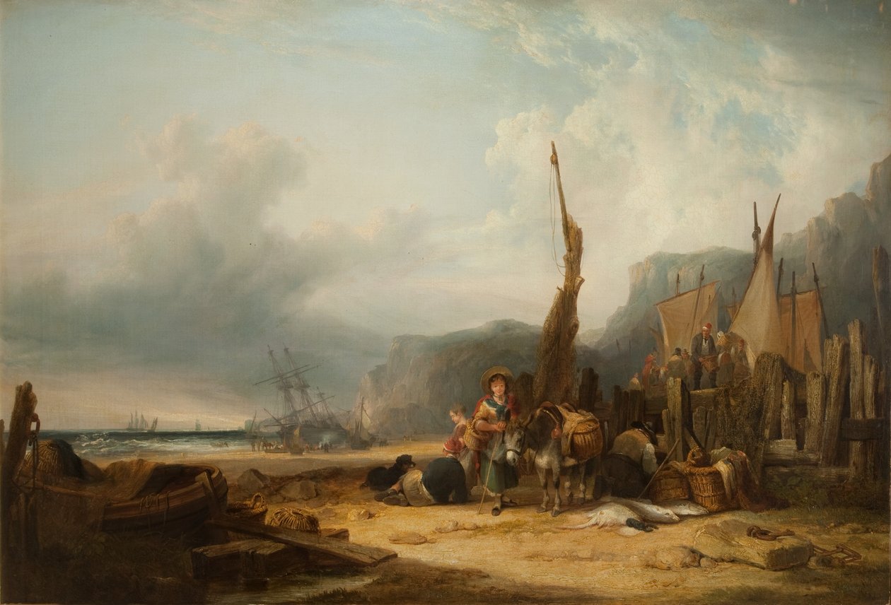 Kustscène met schepen door William Snr. Shayer