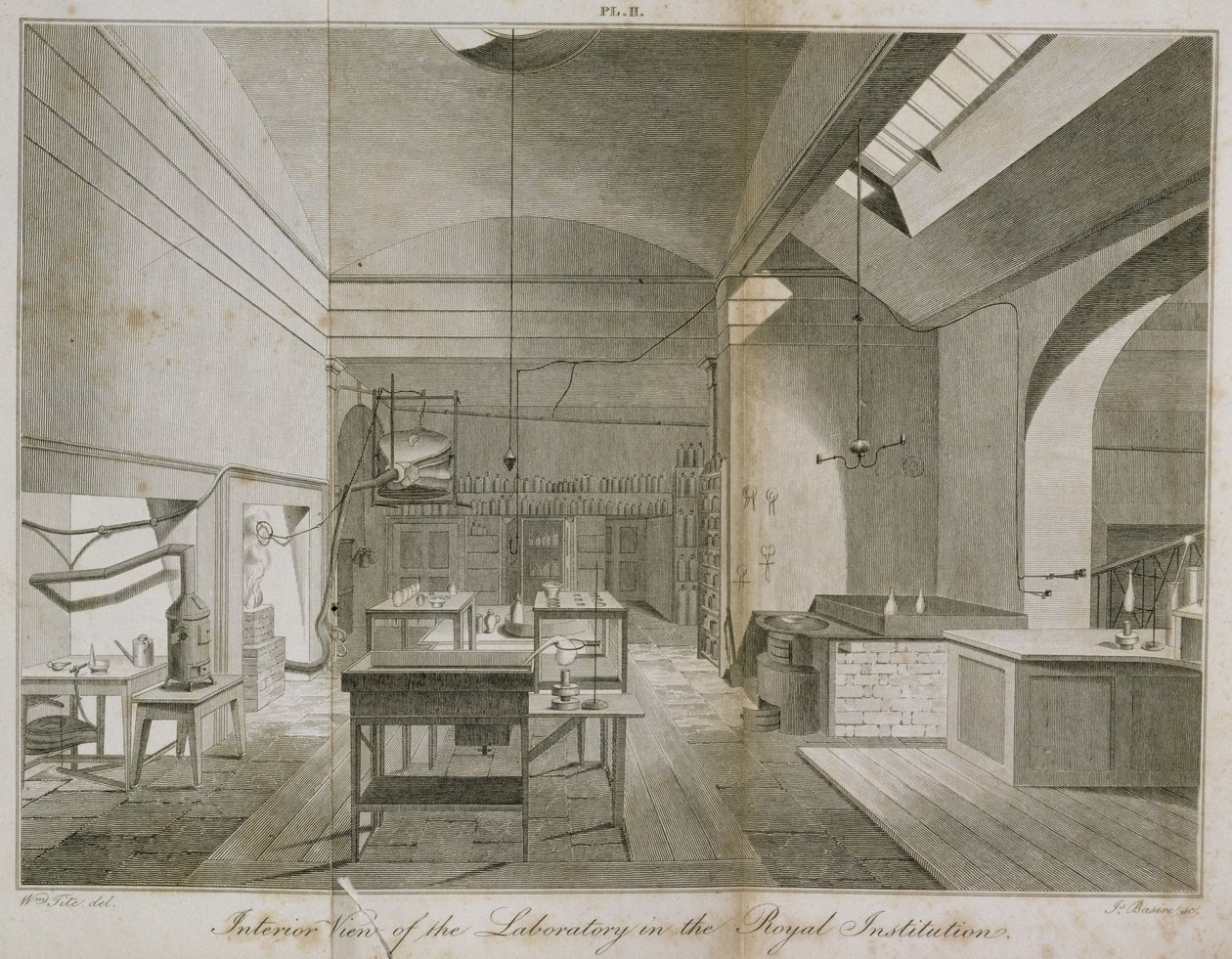 Interieur van het kelderlaboratorium van de Koninklijke Instellingen, uit Handboek van de Chemie, door W.T. Brande, gegraveerd door James Basire, 1819 (ets) door William Tite