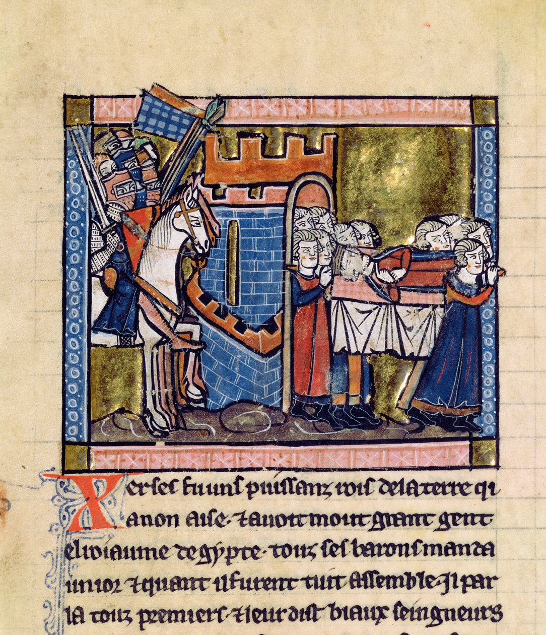 Fr.2630 f.102 Burgers van Edessa brengen hulde aan Boudewijn II, uit de Estoire d