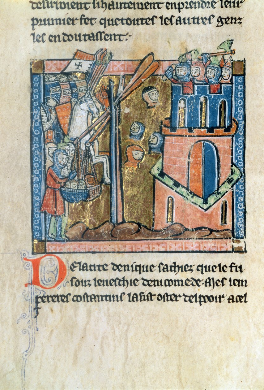 Fr.2630 f.22v Kruisvaarders bombarderen Nicea met hoofden in 1097, uit de Estoire d