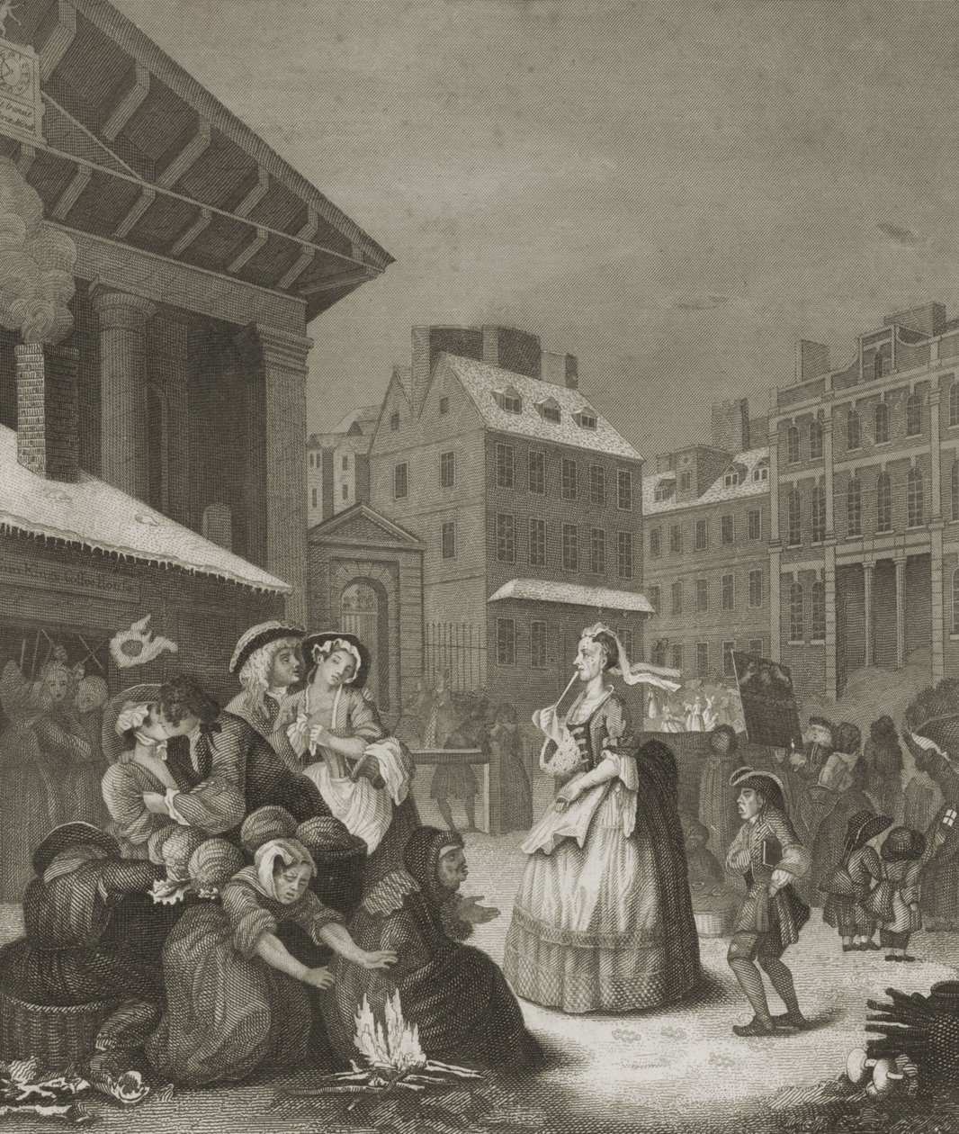 Ochtend - Londense straten door William (after) Hogarth