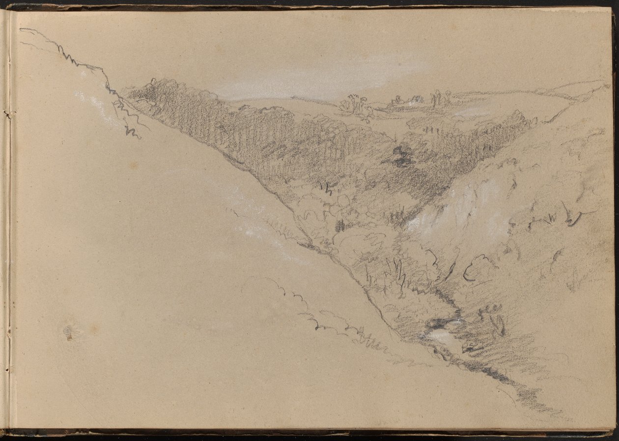 Landschap met heuvels en bos door William Brockedon