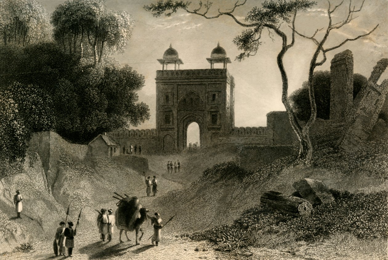De Agra Poort, Chauter Serai, 1835 door William Daniell