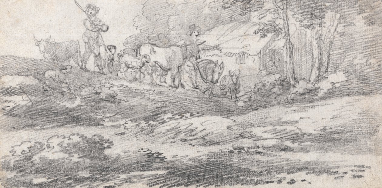 Landschap met figuren en vee door William Frederick Wells