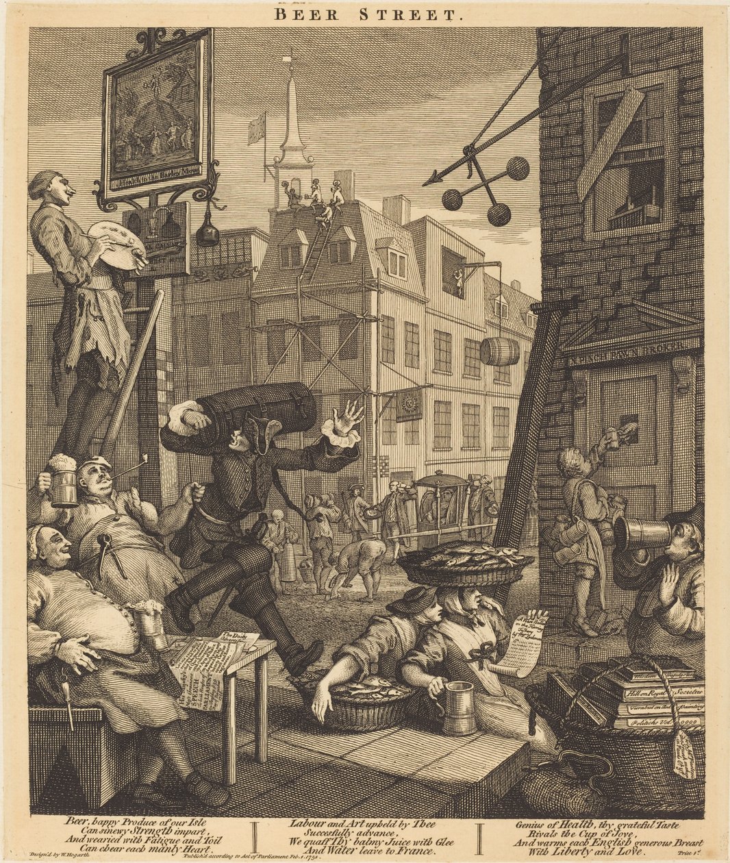 Bierstraat door William Hogarth