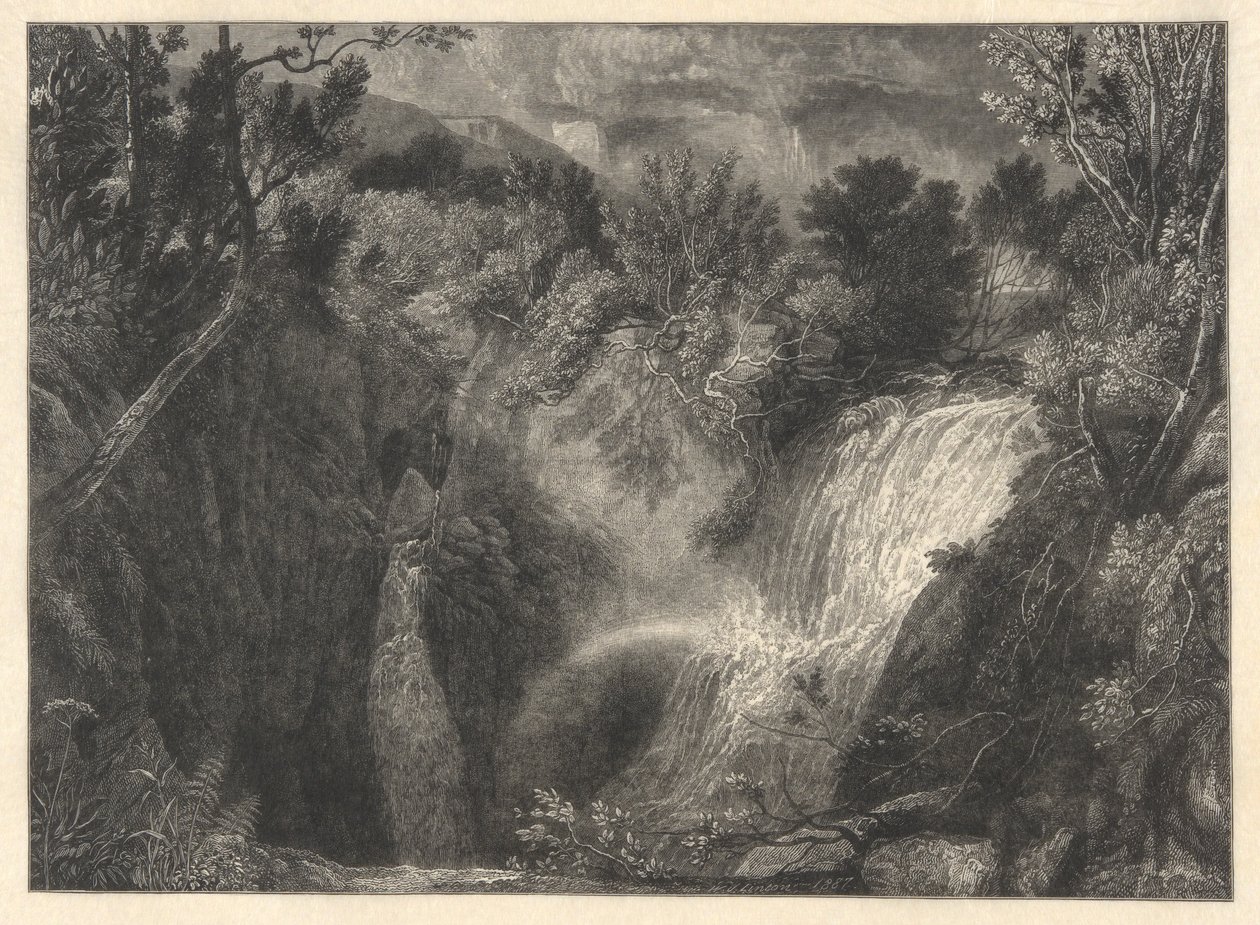 Landschap met twee watervallen door William James Linton