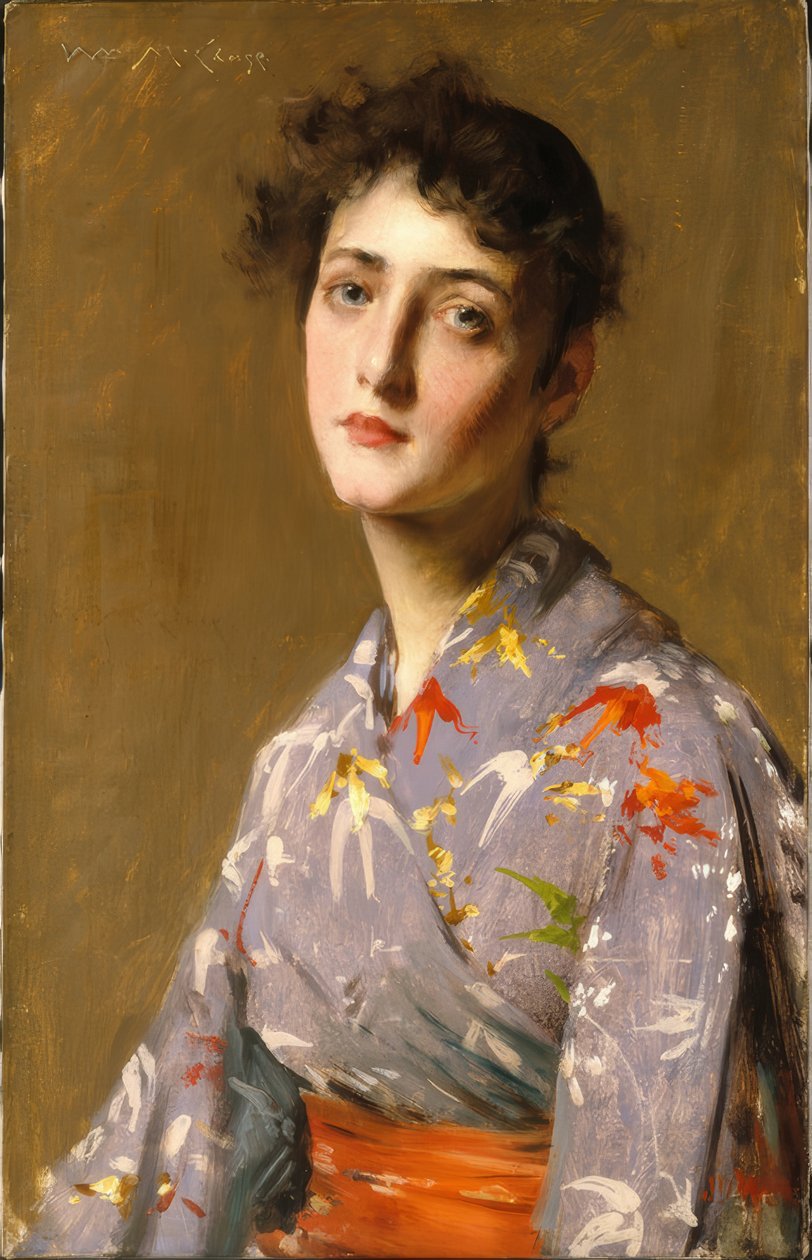 Meisje in een Japans kostuum door William Merritt Chase