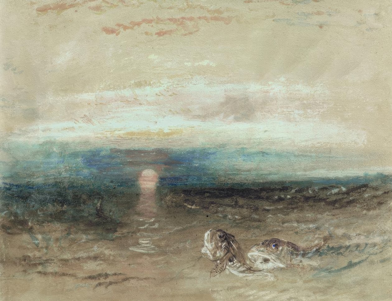 Zonsondergang boven de zee met knorhanen door Joseph Mallord William Turner