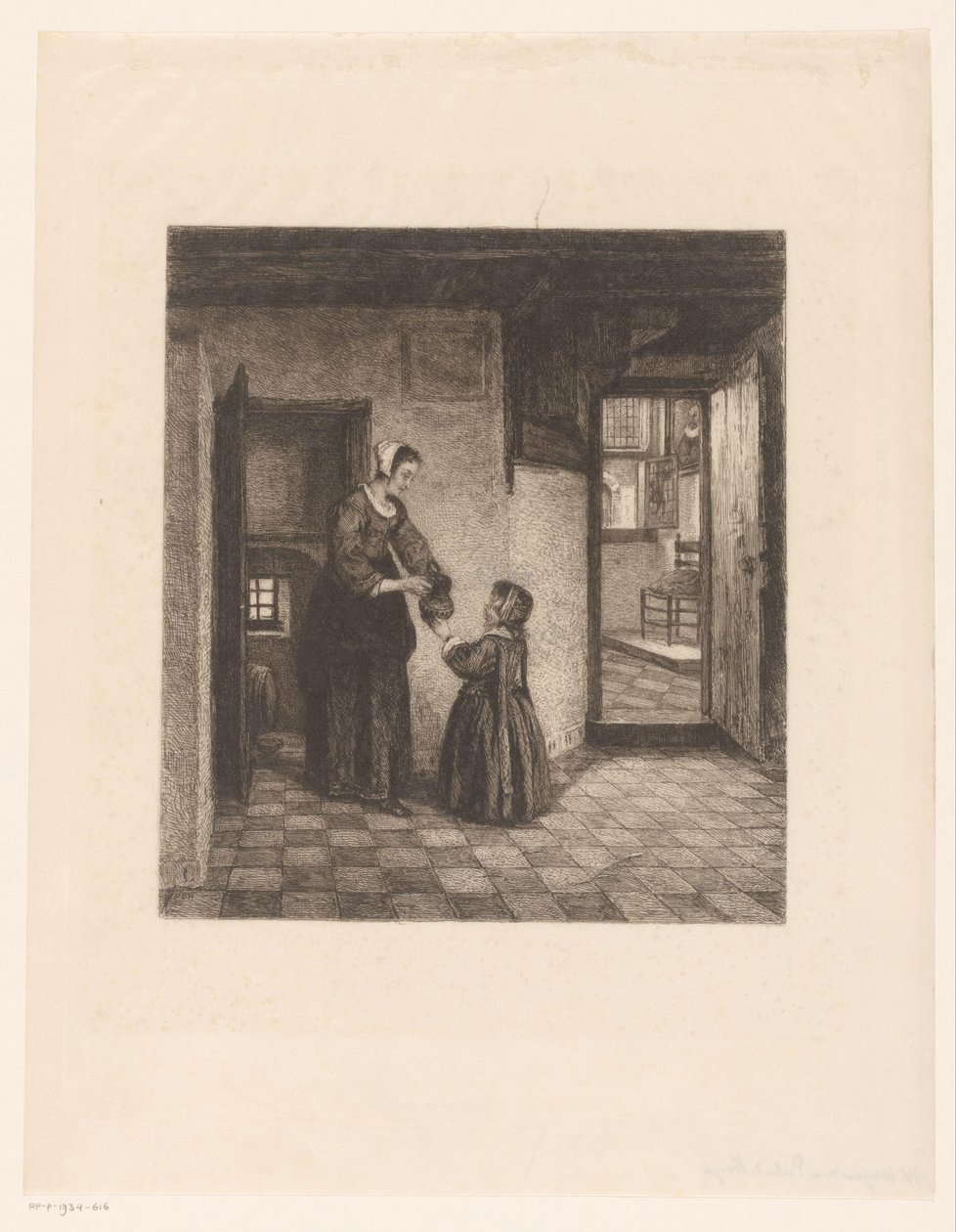 Vrouw met een kind in een kelderkamer door William Unger