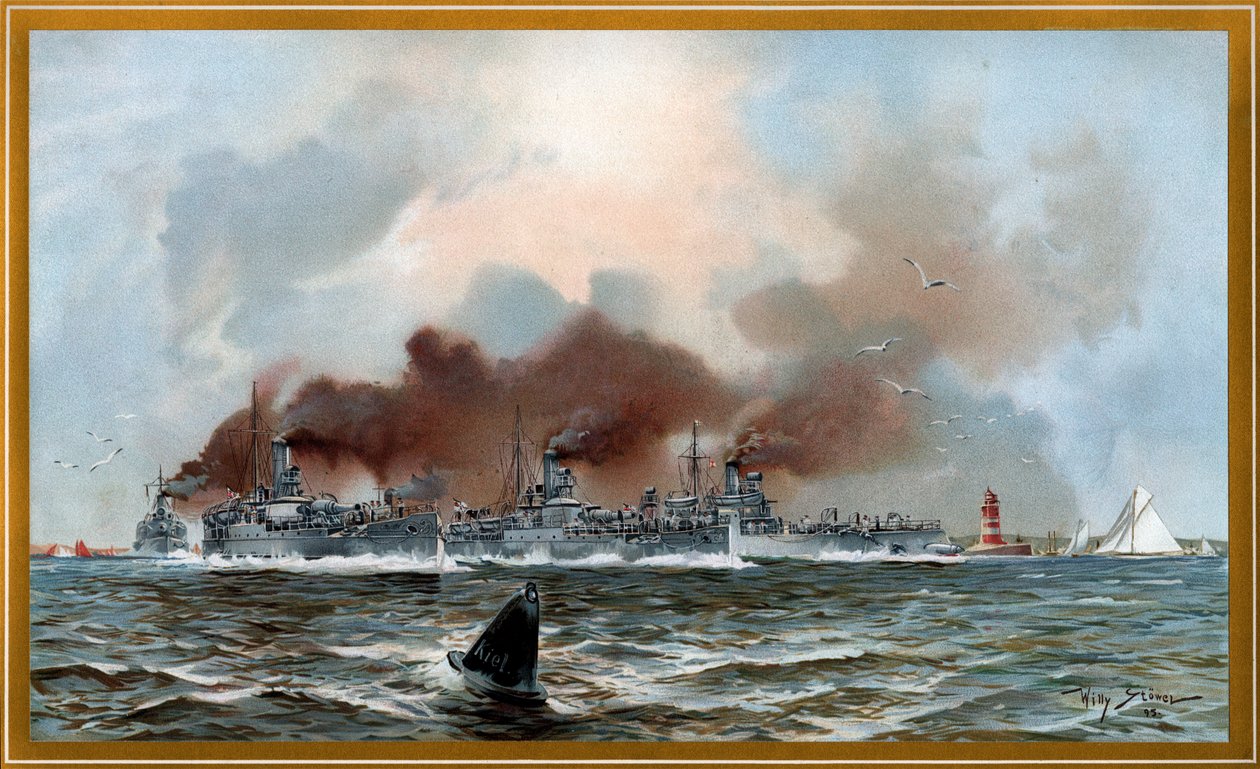 Kaiserliche Marine Urminius en pantserkanonneerboten bij Friedrichsort door Willy Stöwer
