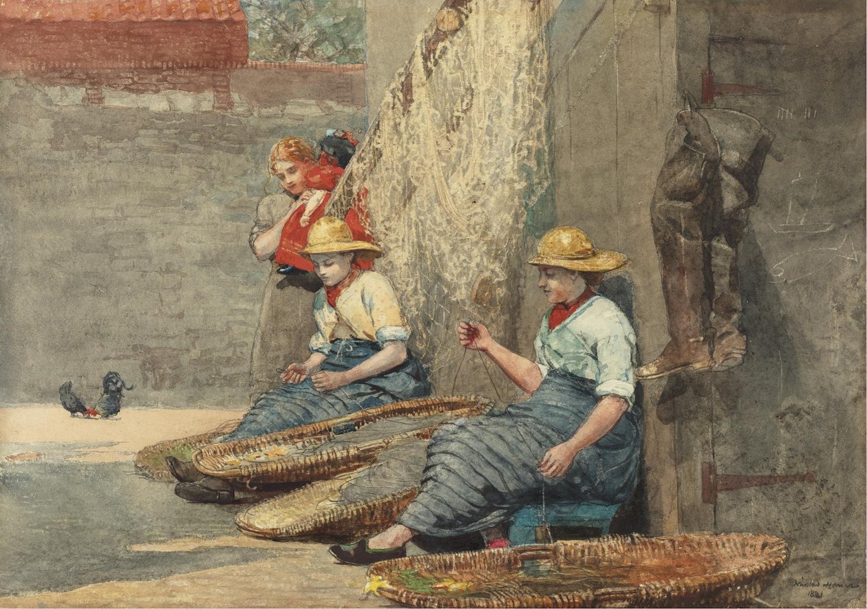 Vissersmeisjes die Tackle Oprollen door Winslow Homer