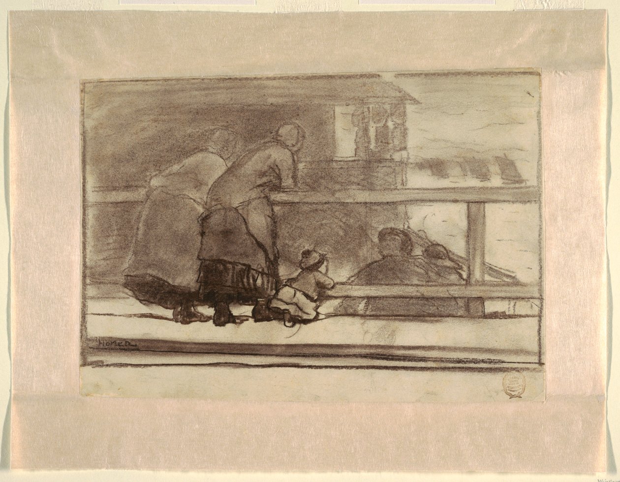 Twee vrouwen en een kind bij een reling, met uitzicht op het strand van Tynemouth door Winslow Homer