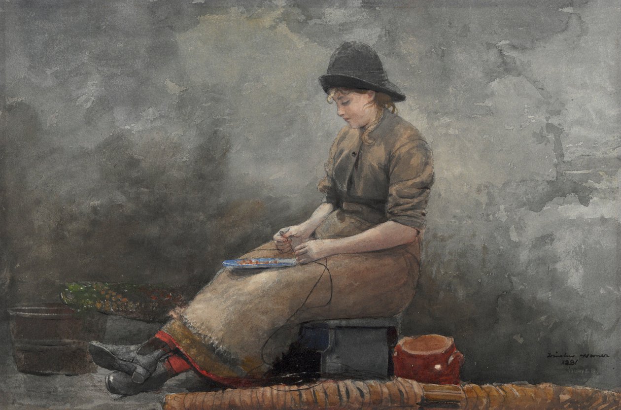 Een vissersmeisje dat lijnen aas door Winslow Homer