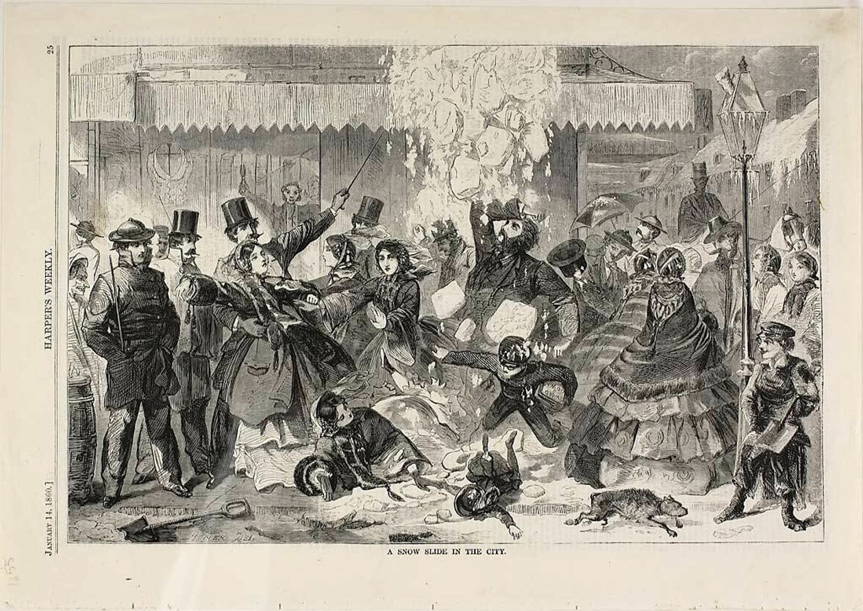 Een sneeuwglijbaan in de stad door Winslow Homer