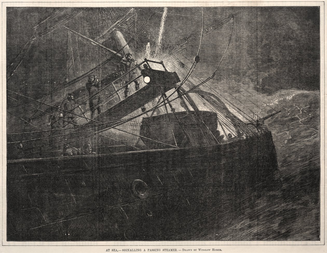 Op Zee, Signaal naar een Voorbijgaande Stoomboot door Winslow Homer