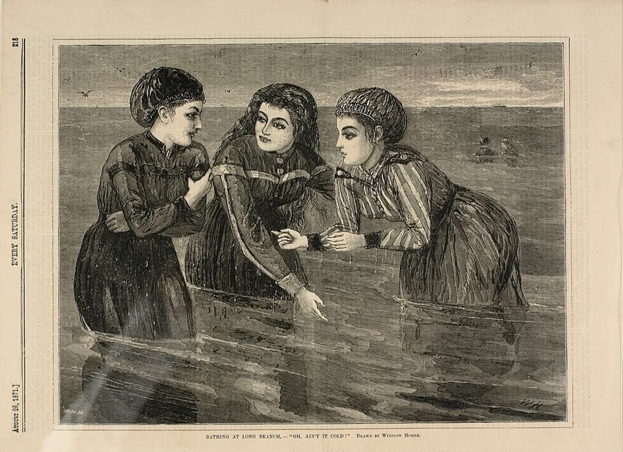 Zwemmen in Long Branch-"Oh, is het niet koud". door Winslow Homer