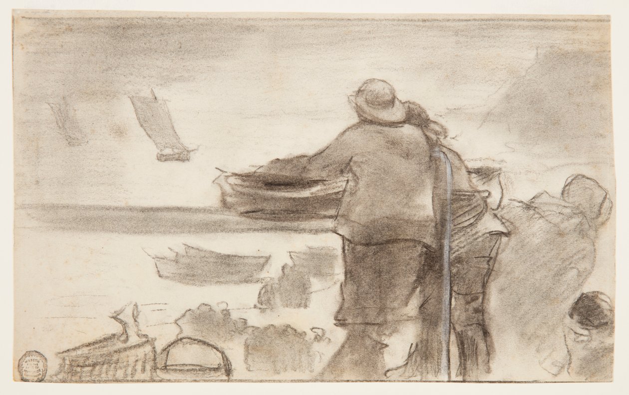 Strand met Boten en Mensen, Cullercoats, Engeland door Winslow Homer