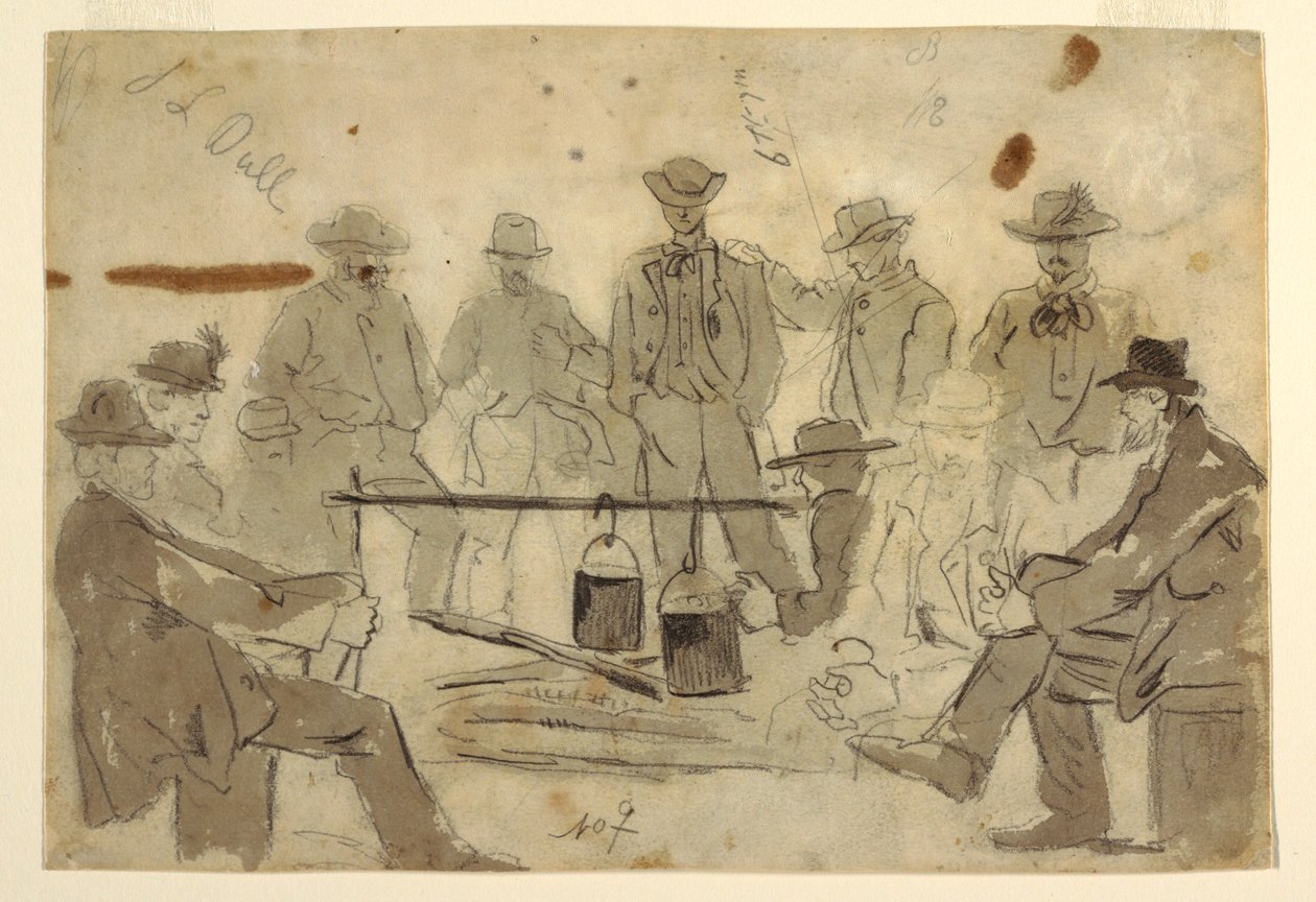 Tekening, kampvuur met soldaten in groepjes, 1862 door Winslow Homer