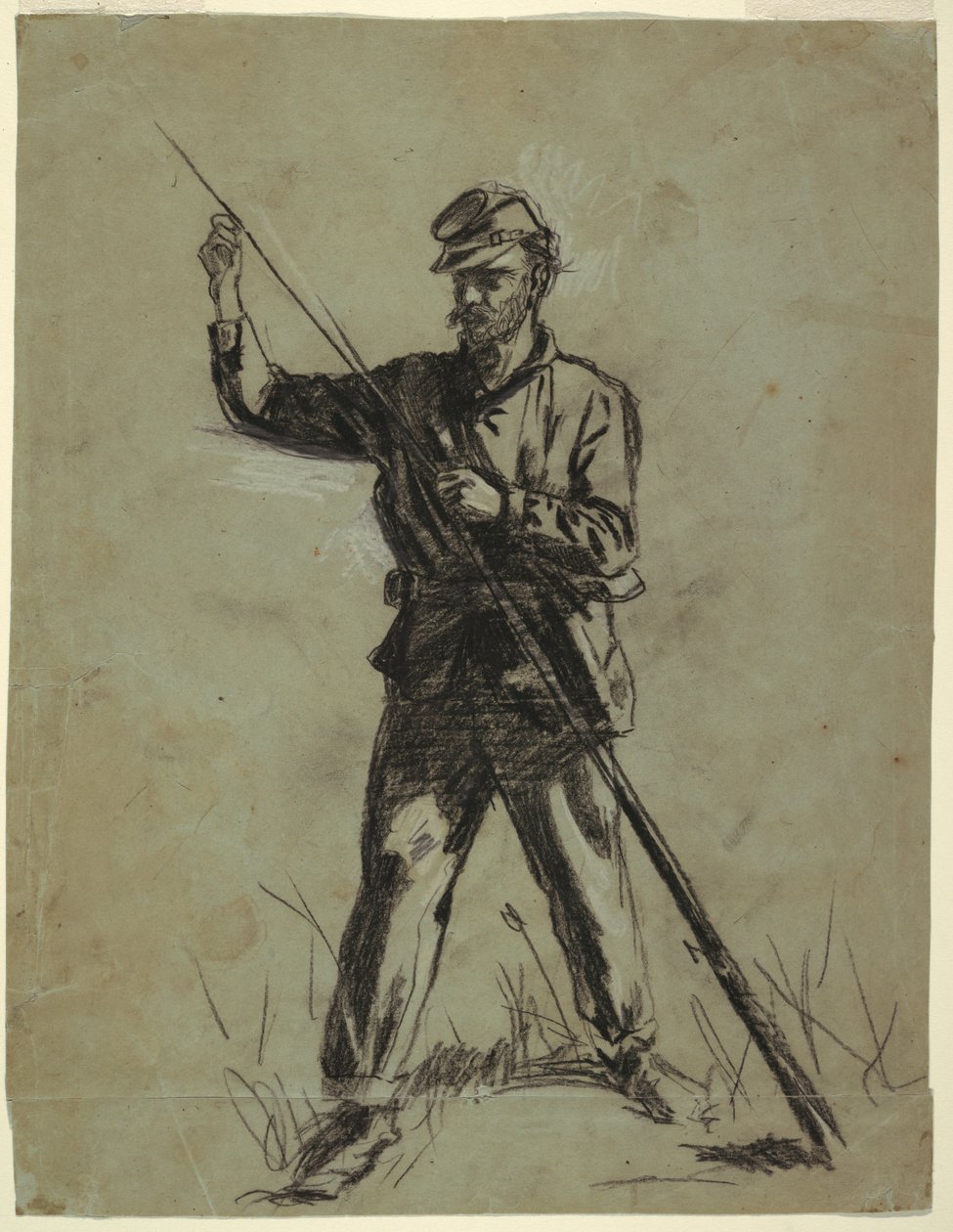 Tekening, Cavaleriesoldaat laadt een geweer, 1863-64 door Winslow Homer