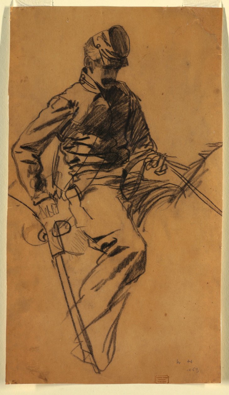 Tekening, cavaleriesoldaat te paard, 1863 door Winslow Homer