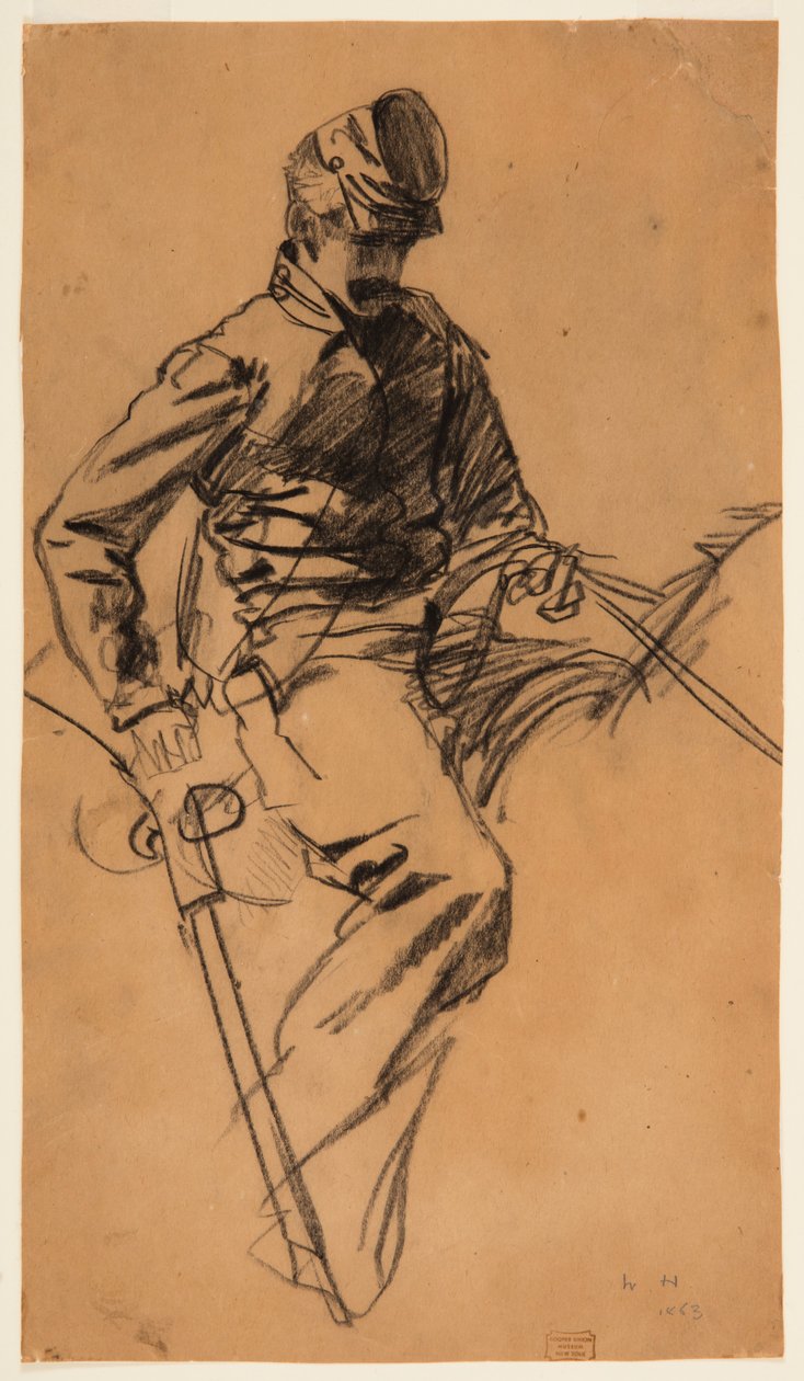Tekening, cavaleriesoldaat te paard, 1863 door Winslow Homer