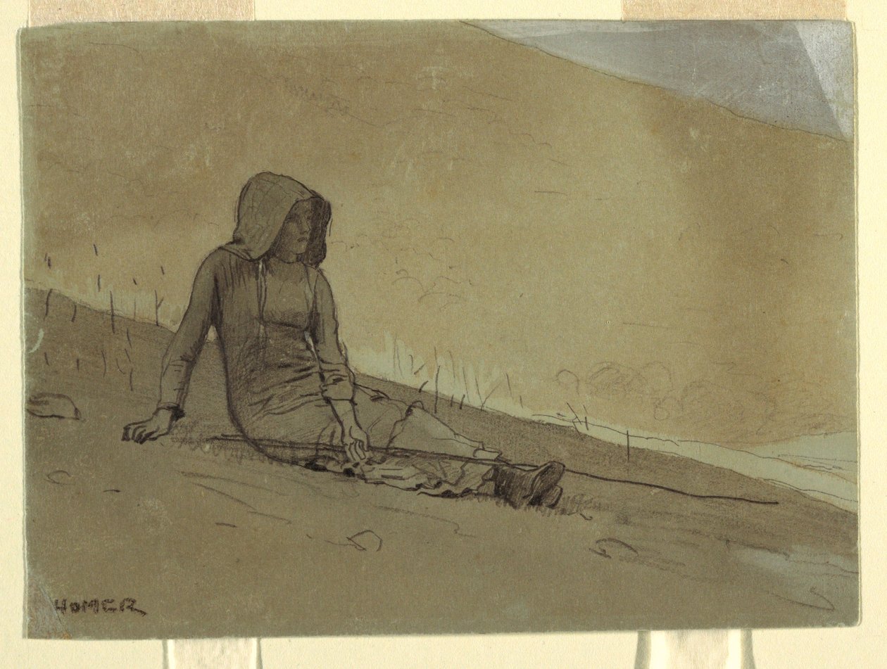 Tekening, Meisje zittend op een heuvel, 1878 door Winslow Homer
