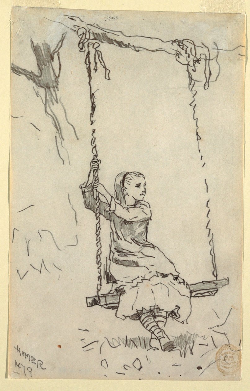 Tekening, Meisje op een schommel, 1879 door Winslow Homer