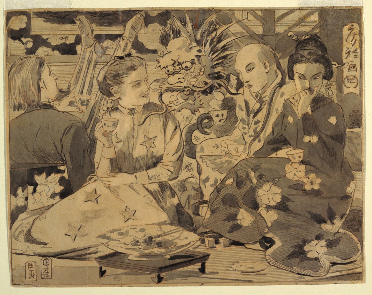 Tekening, Internationaal theekransje, ca. 1867 door Winslow Homer