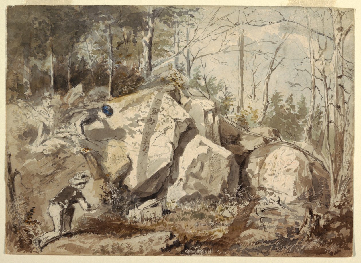 Tekening, Een eekhoornval opzetten, ca. 1855 door Winslow Homer