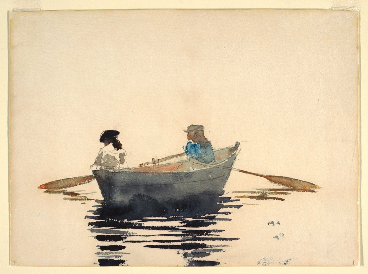 Tekening, Twee meisjes in een roeiboot, 1876-80 door Winslow Homer